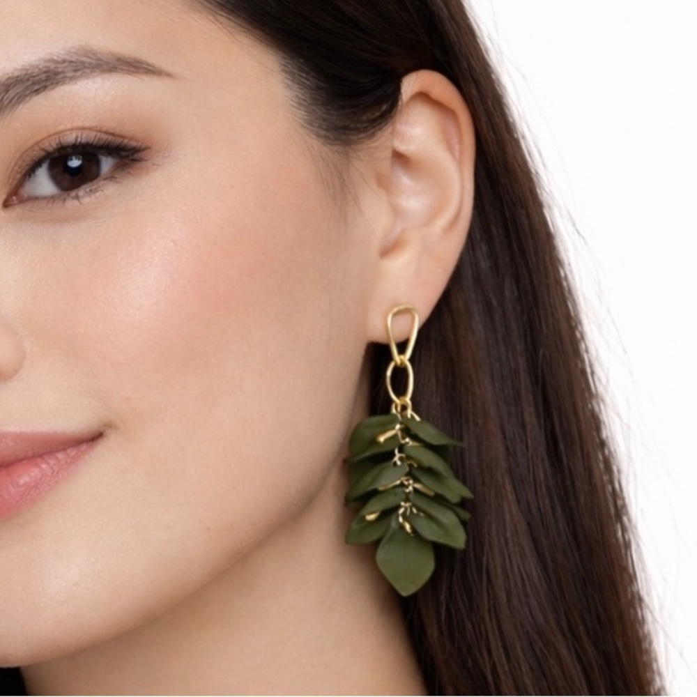 Natasha Green with Gold Leaf Earrings